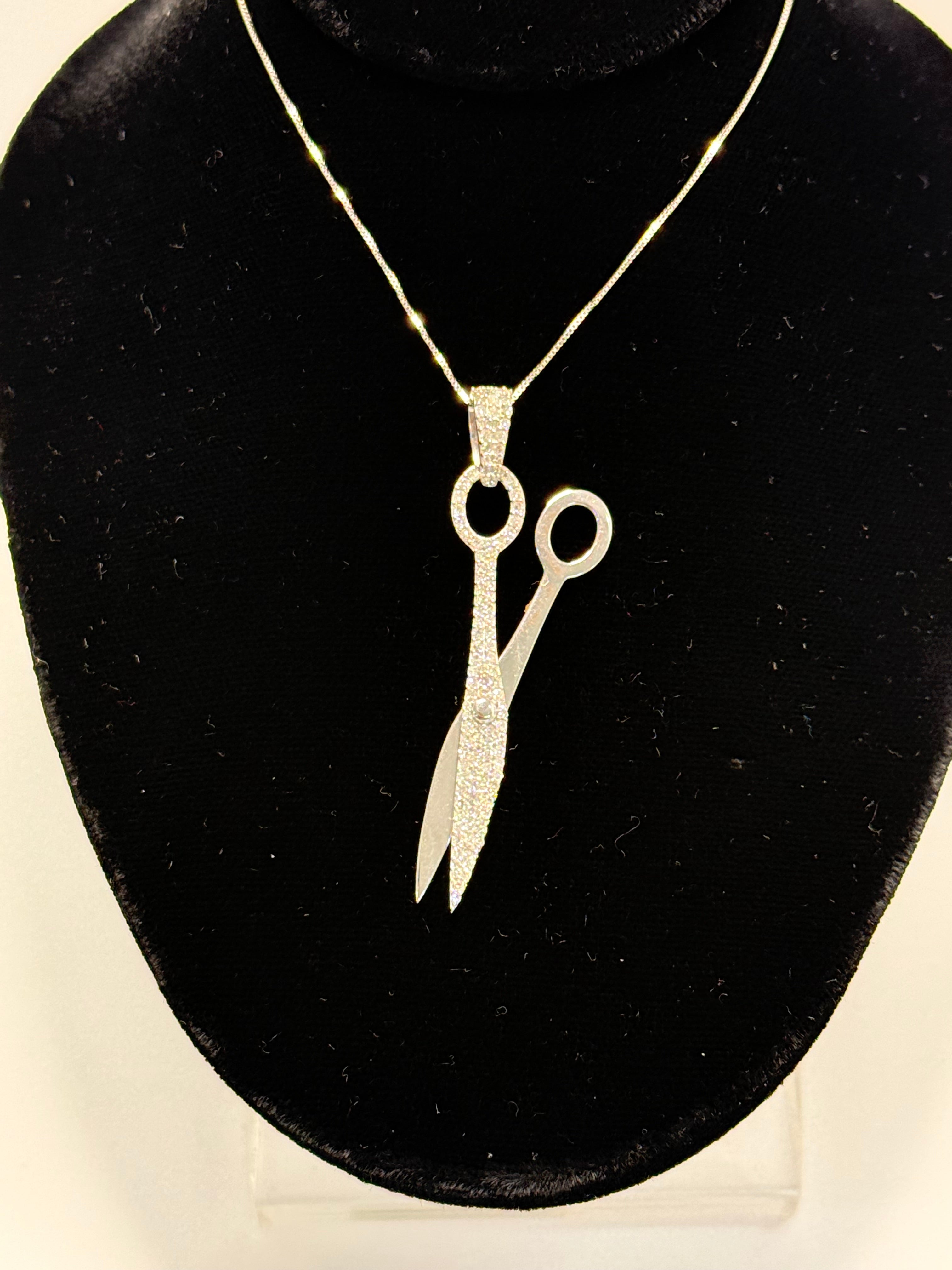 14k White Gold Lab Diamond Scissor Necklace